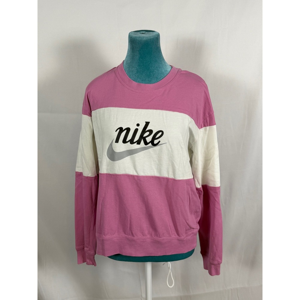 Nike Womens Pink White‎ Colorblock Script Logo Crewneck Sweatshirt Medium